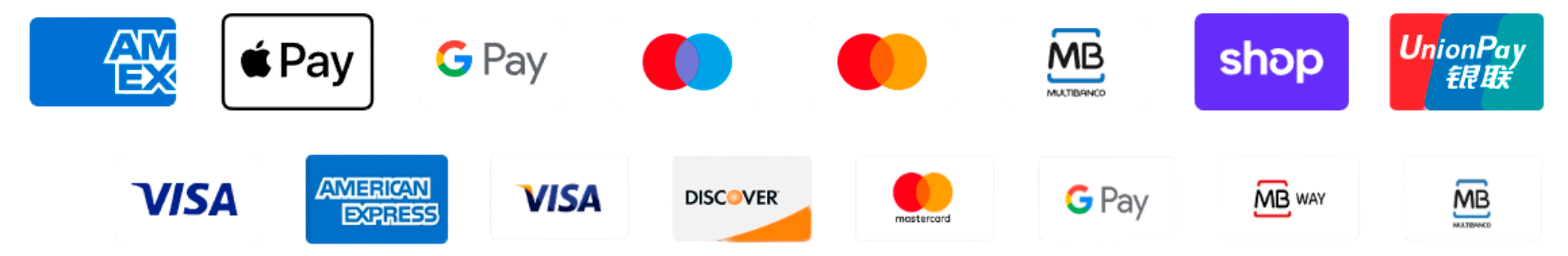 Métodos de pago aceptados: Visa, Mastercard, American Express, PayPal, Apple Pay, Google Pay